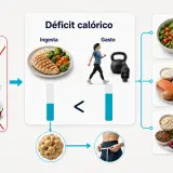 Ilustración sobre déficit calórico: ingesta menor que gasto, promoviendo saciedad, proteína y fibra.