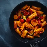 Rigatoni con calabacín, tomates secos y patatas. Un plato ideal para una dieta para engordar, lleno de sabor y energía.