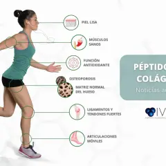 Mujer corriendo, con iconos que señalan beneficios del colágeno para piel, músculos, huesos y articulaciones móviles.