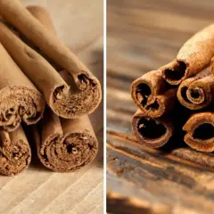 Primer plano de dos tipos de canela en rama, mostrando sus texturas y formas enrolladas.