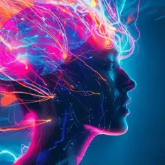 Perfil de una cabeza humana con un cerebro brillante y líneas de energía de neón. La colina para que sirve se representa como la chispa de la creatividad y el conocimiento.