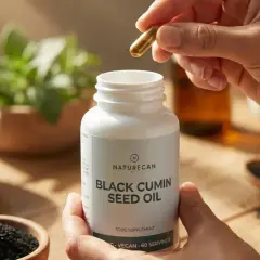 Manos sostienen una cápsula y un frasco de Naturecan Black Cumin Seed Oil, rodeados de ingredientes naturales como semillas de comino negro.