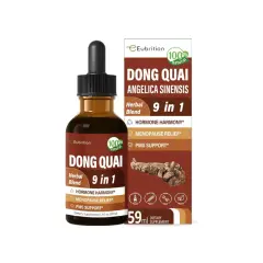 Frasco de tintura de Dong Quai, un suplemento herbal 9 en 1 para el equilibrio hormonal, alivio de la menopausia y apoyo para el SPM.