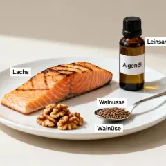Salmón, nueces, semillas de lino y aceite de algas, fuentes ricas en omega 3, para combatir la falta de omega 3.