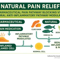 Comparación de alivio del dolor: farmacéutico vs. natural. El natural usa curcumina, omega-3 y boswellia para reducir inflamación, como corticoides naturales.