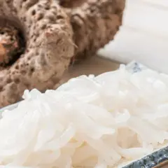 Raíz de konjac que es: un tubérculo grande y fibroso junto a un plato de fideos translúcidos hechos de konjac.
