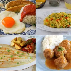 Cuatro platos variados: arroz con verduras, pescado con patatas, albóndigas con arroz y un desayuno con huevo y plátano. ¡Ideas para almuerzos saludables niños!