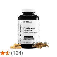 Bote de suplemento Cordyceps 14000mg, destacando sus cordyceps propiedades y excelente biodisponibilidad. Incluye cápsulas y hongos reales.