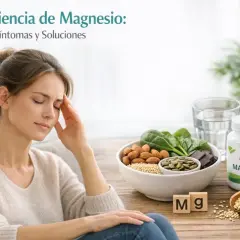 Mujer con dolor de cabeza, posible síntoma de falta de magnesio. Alimentos ricos en magnesio y suplemento.