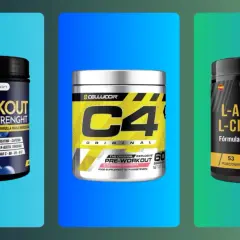 Tres botes de suplementos pre entreno mujer: uno de Healthy Fusion, otro C4 Original y uno de L-Arginina L-Citrulina.