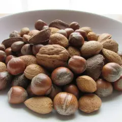 Un cuenco lleno de frutos secos variados: almendras, avellanas, nueces y anacardos. ¡Cuidado, los frutos secos engordan si abusas de ellos!