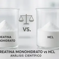 Dos vasos de precipitados con montículos de polvo blanco. Uno dice "CREATINA MONOHIDRATO", el otro "HCL". Una balanza y "VS." en el centro. Comparativa de tipos de creatina.
