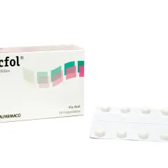 Acfol, ácido fólico, es un suplemento para la salud. La caja muestra el nombre y el contenido, junto a un blíster con comprimidos.