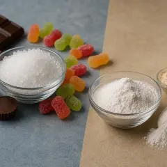 Chocolate, gomitas, azúcar granulada y en polvo, leche y un polvo amarillento. ¿Qué es el maltitol?