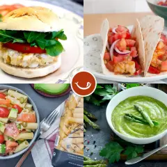 Hamburguesa de pescado, tacos de camarones, ensalada de pasta y crema de espárragos. Variedad de cenas saludables y deliciosas.
