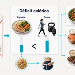 Ilustración sobre déficit calórico: ingesta menor que gasto, promoviendo saciedad, proteína y fibra.