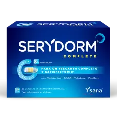 Caja de Serydorm Complete, con Melatonina, GABA y Valeriana para un descanso.