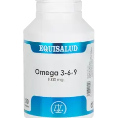 Bote blanco de Equisalud con etiquetas azules. Contiene cápsulas de Omega 3-6-9 de 1000 mg.