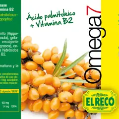 Aceite de espino amarillo, fuente de omega 7, en cápsulas con vitamina B2. El producto "Omega 7" de El Reco.