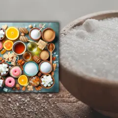 Dulces y frutas, ¿buscas un edulcorante más sano? Miel, naranjas y cubos de azúcar.