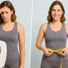 Mujer preocupada junto a una báscula, luego feliz midiendo su cintura. Muestra que el músculo pesa más que la grasa.