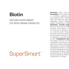 Suplemento de biotina (vitamina B7) en cápsulas vegetarianas. Ideal para quienes buscan alimentos que aporten esta vitamina.