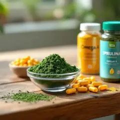 Suplementos veganos para engordar: espirulina en polvo, cápsulas de omega y otros.