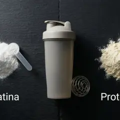 Montaje de creatina y proteína en polvo junto a un shaker. Ideal para tus entrenamientos.