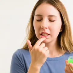 Mujer aplica bálsamo en sus labios cortados, buscando un remedio casero.