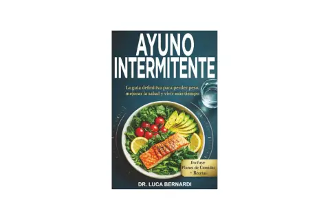 Portada del libro "Ayuno Intermitente" con un plato de salmón y ensalada. Guía para perder peso y mejorar la salud.
