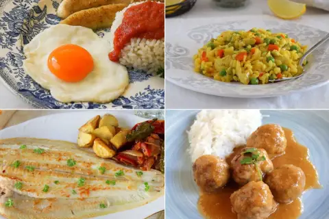 Cuatro platos variados: arroz con verduras, pescado con patatas, albóndigas con arroz y un desayuno con huevo y plátano. ¡Ideas para almuerzos saludables niños!