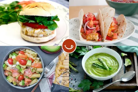 Hamburguesa de pescado, tacos de camarones, ensalada de pasta y crema de espárragos. Variedad de cenas saludables y deliciosas.