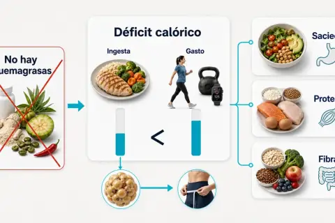 Ilustración sobre déficit calórico: ingesta menor que gasto, promoviendo saciedad, proteína y fibra.