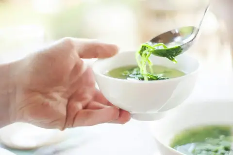 Una mano sostiene un cuenco de sopa verde, ideal para una dieta helicobacter pylori.