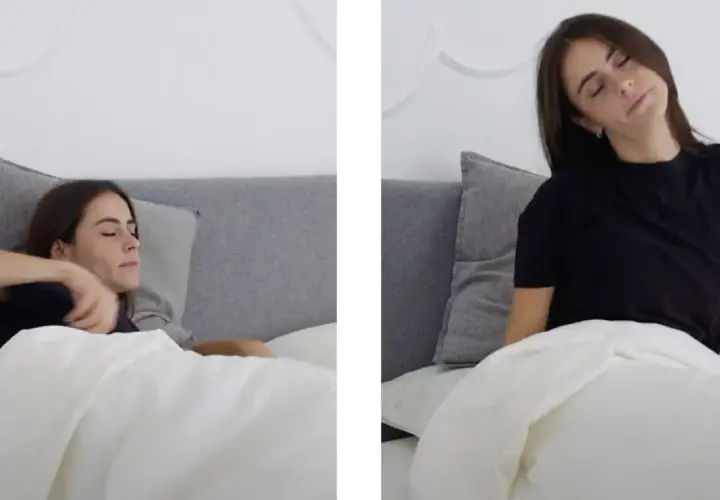 Mujer en cama, primero se revuelve, luego se sienta y estira el cuello. ¿Cuánto tarda en hacer efecto la melatonina?