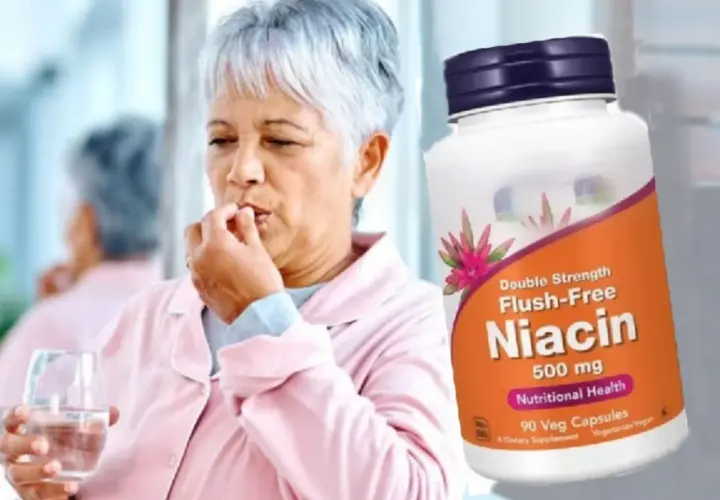 Mujer mayor toma una pastilla de niacina, que es vitamina B3 para que sirve en la salud nutricional.