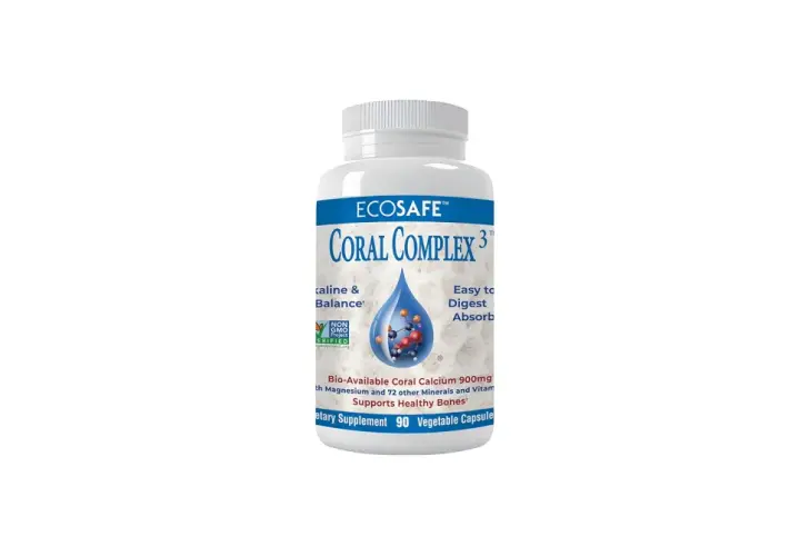 Bote de suplemento Coral Complex con calcio de coral. Sus beneficios y contraindicaciones son clave para la salud ósea.