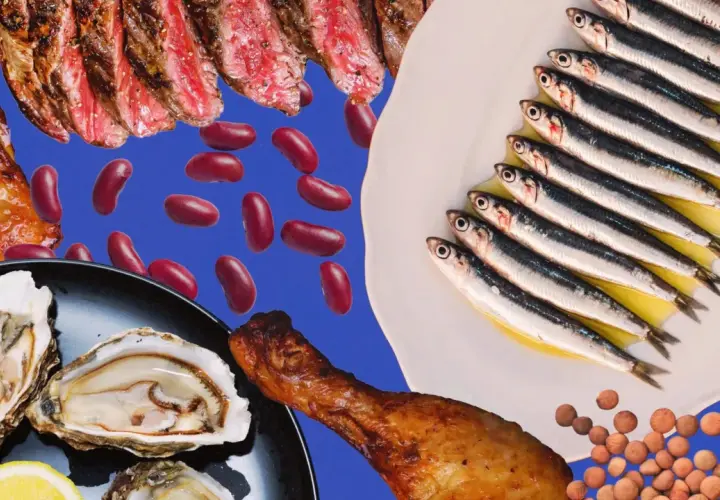 Filetes de carne, ostras, pollo asado, anchoas y frijoles. Alimentos ricos en zinc para una dieta equilibrada.