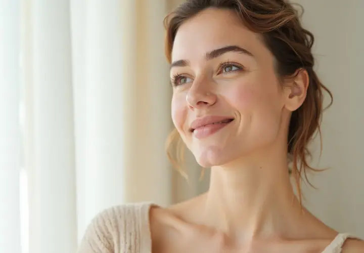 Mujer sonríe, con piel radiante y luminosa, como si hubiera decidido tomar ácido hialurónico para un brillo natural.