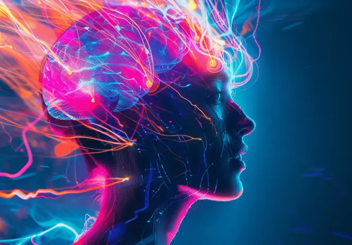 Perfil de una cabeza humana con un cerebro brillante y líneas de energía de neón. La colina para que sirve se representa como la chispa de la creatividad y el conocimiento.