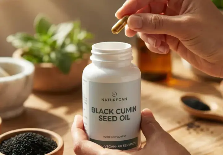 Manos sostienen una cápsula y un frasco de Naturecan Black Cumin Seed Oil, rodeados de ingredientes naturales como semillas de comino negro.