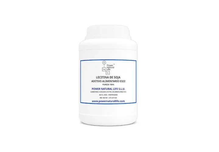 Bote blanco con etiqueta azul. Contiene lecitina de soja, aditivo alimentario E322, 100% pura. Descubre sus propiedades.