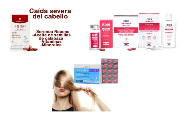 Tratamiento para caída severa del cabello con Serenoa Repens, aceite de semillas de calabaza, vitaminas y minerales.
