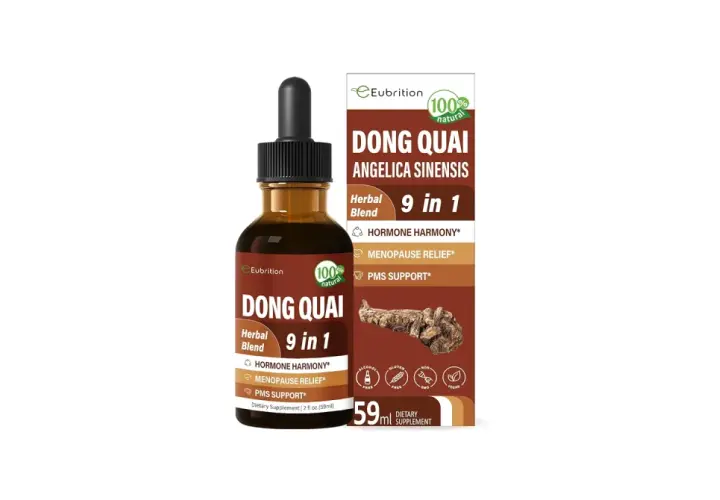 Frasco de tintura de Dong Quai, un suplemento herbal 9 en 1 para el equilibrio hormonal, alivio de la menopausia y apoyo para el SPM.