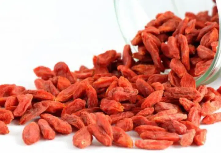 Un frasco de vidrio derrama bayas de goji, destacando sus vibrantes bayas rojas y sus innumerables propiedades beneficiosas.