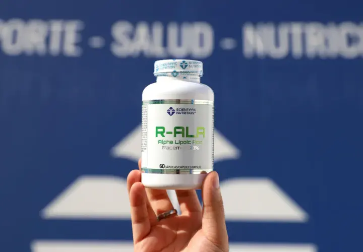 Un frasco de R-ALA (ácido alfa lipoico) de Scientific Nutrition. Descubre para qué sirve este suplemento.