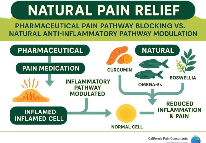 Comparación de alivio del dolor: farmacéutico vs. natural. El natural usa curcumina, omega-3 y boswellia para reducir inflamación, como corticoides naturales.