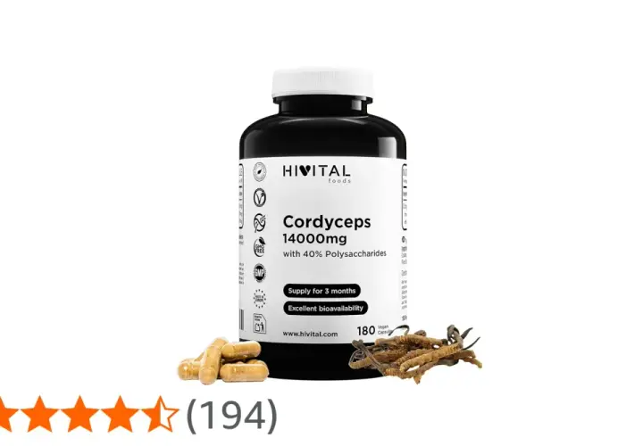 Bote de suplemento Cordyceps 14000mg, destacando sus cordyceps propiedades y excelente biodisponibilidad. Incluye cápsulas y hongos reales.