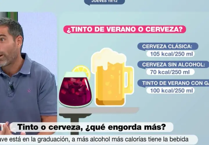 Un hombre habla sobre si la cerveza engorda más que el tinto de verano. Se muestran calorías de ambas bebidas.