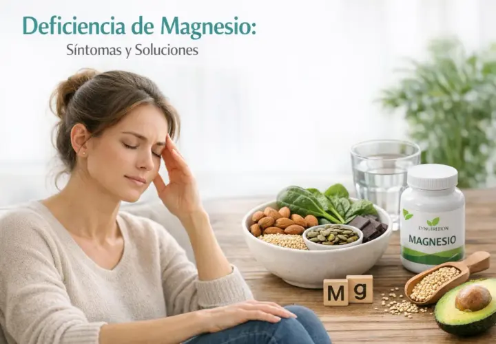 Mujer con dolor de cabeza, posible síntoma de falta de magnesio. Alimentos ricos en magnesio y suplemento.